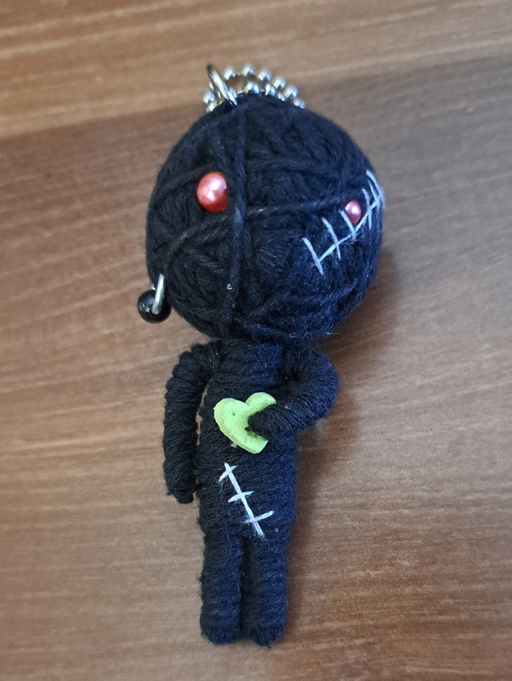 Black Voodoo Doll Keychain with Green Heart Accent